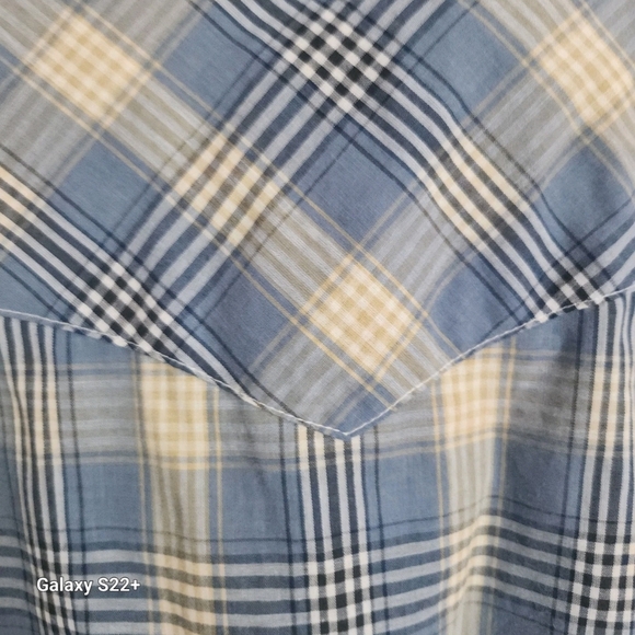 M77 Wrangler Western Shirts Blue & White Plaid Pearly White Snaps Size Lrg Tall - Picture 6 of 8